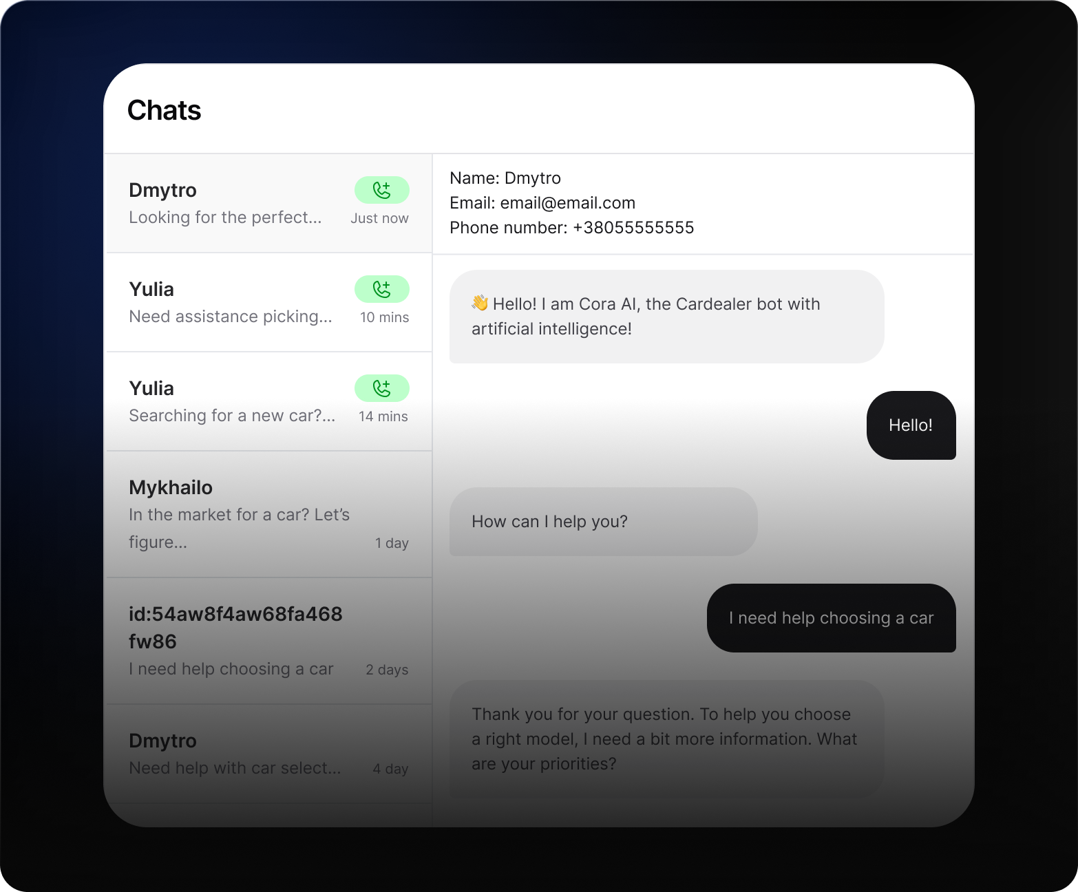 Admin insights for chat sessions & contact capture