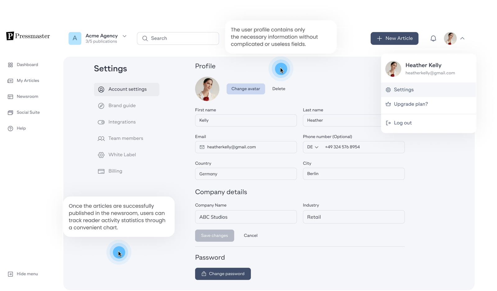 Settings page
