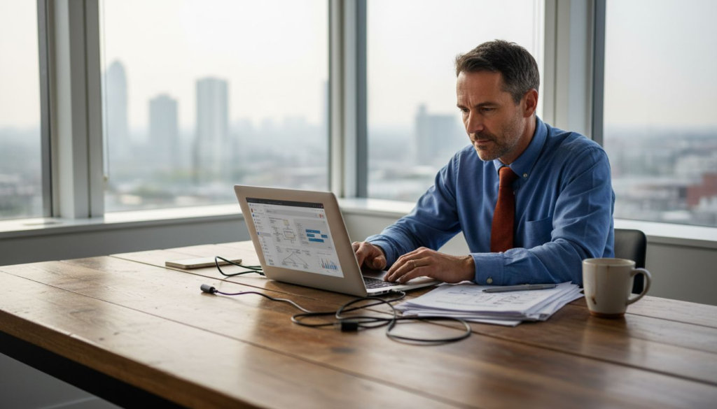 Business owner reviews custom app at desk