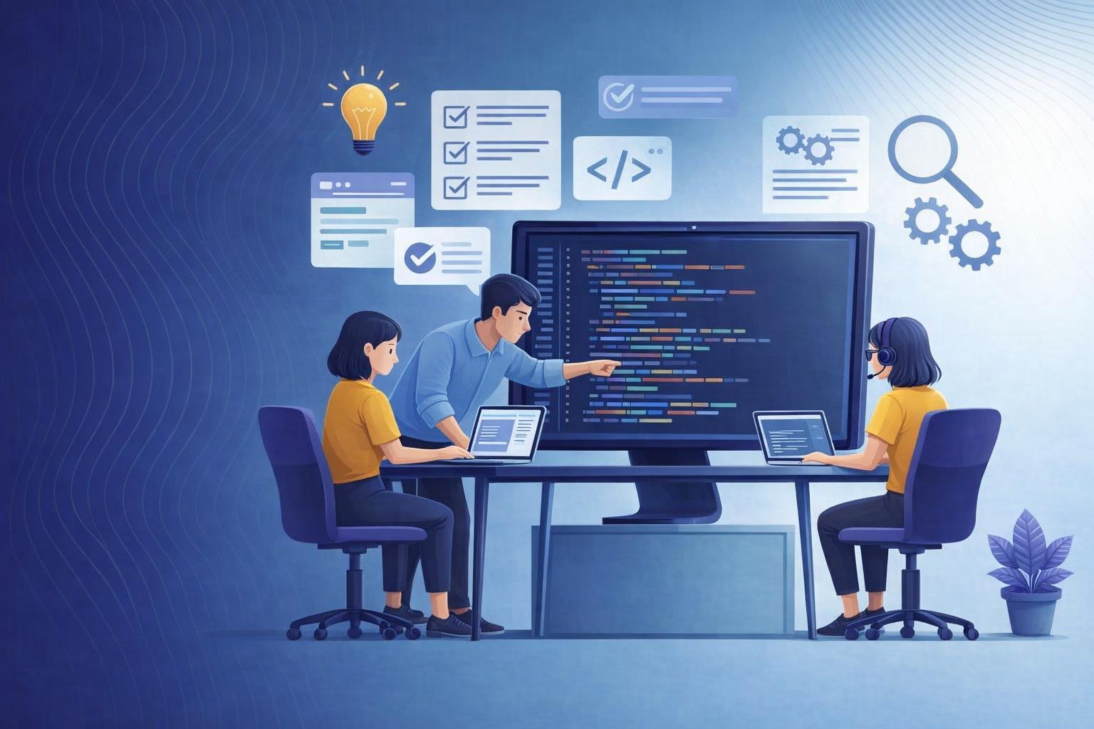 Illustration of a software team collaborating on planning boards, code reviews, and product delivery