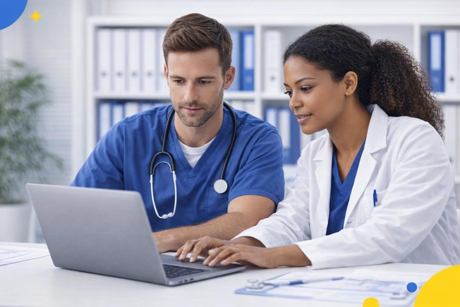 Illustration of clinicians and developers reviewing a digital patient portal on large screens