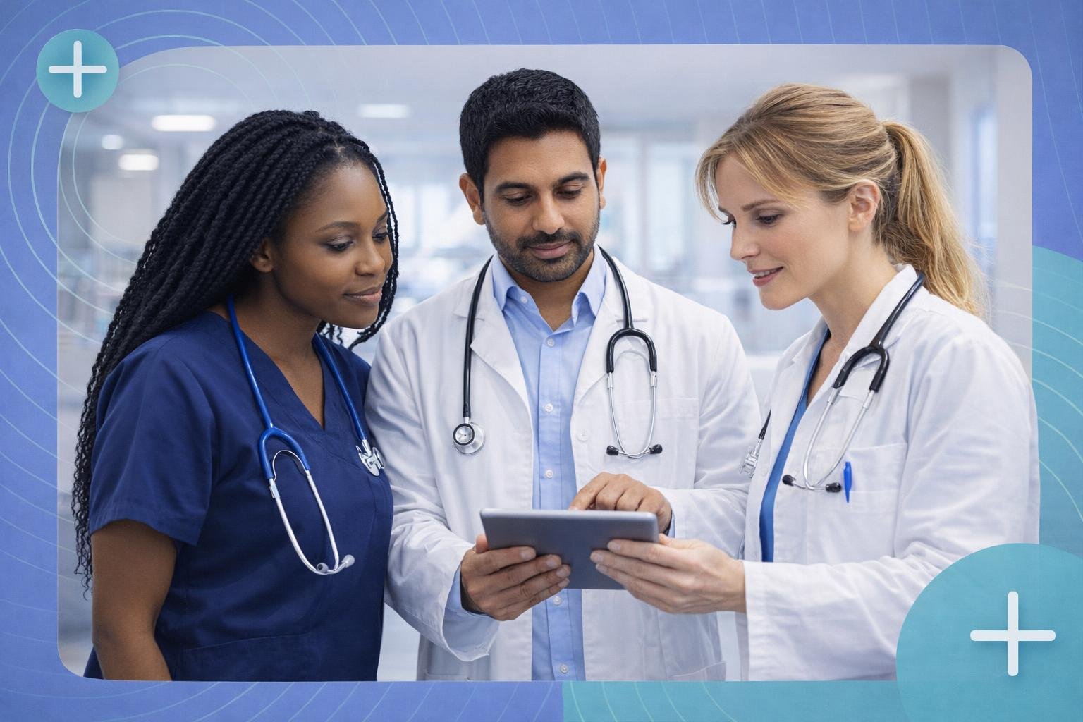 Illustration of a responsive healthcare website layout with doctor profiles and patient booking screens