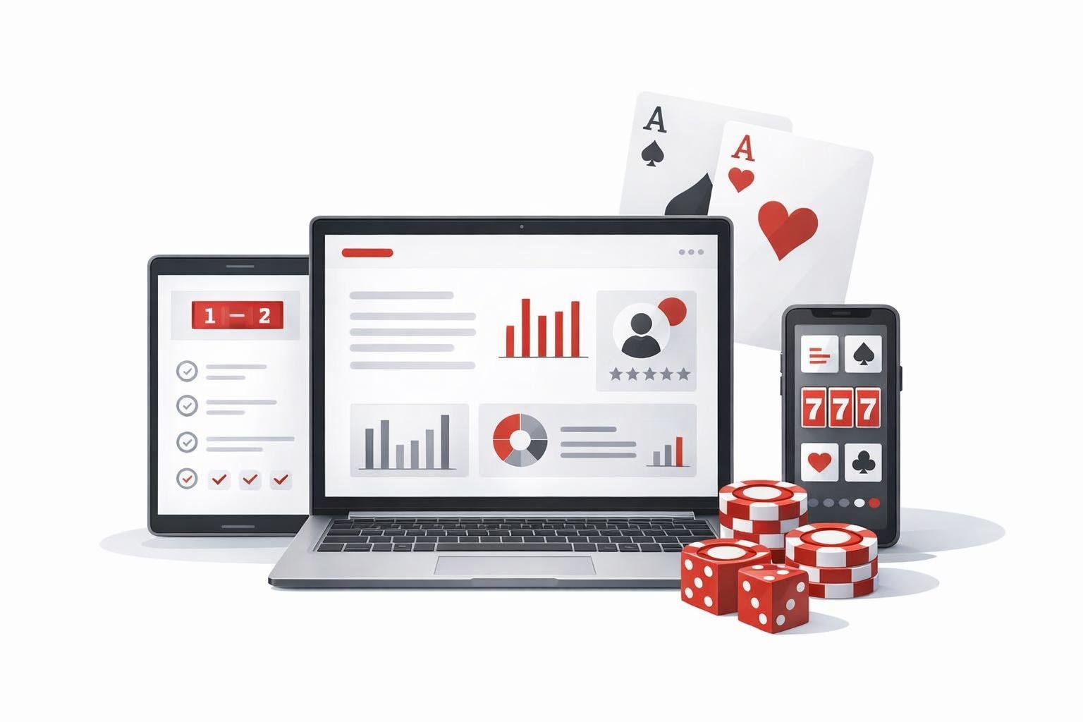 Illustration of software dashboards, game tiles, and code panels arranged for an online gaming product