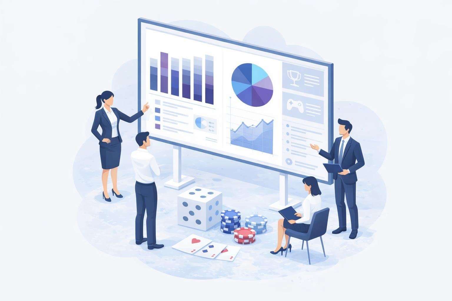 Illustration of a gaming platform architecture with admin dashboards, wallet tools, and game modules