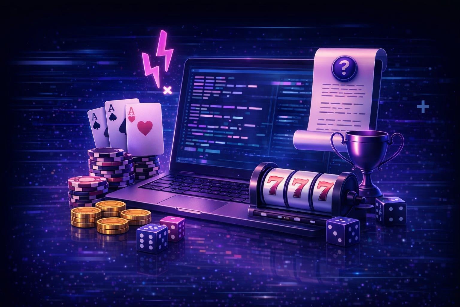 Illustration of code, game tiles, and operational dashboards for an online gaming system