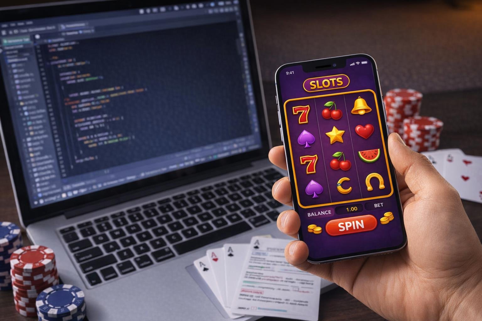 Illustration of QA testers checking gaming screens, bug reports, and device previews