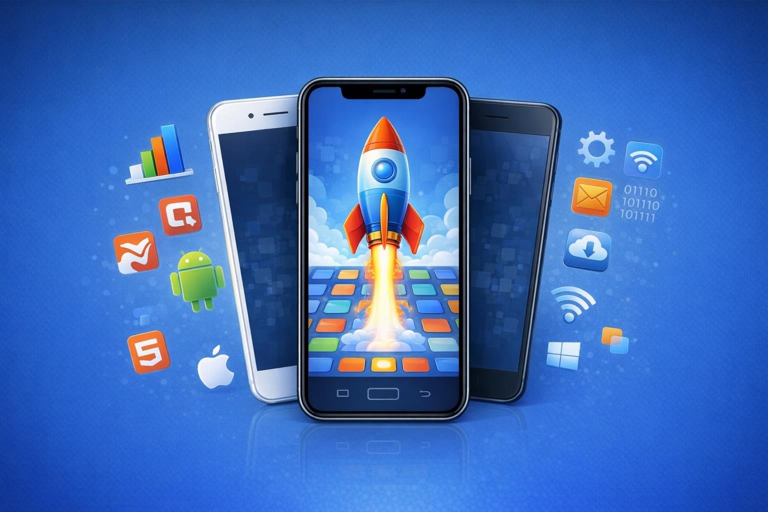 Illustration of developers building phone app screens with code and interface previews