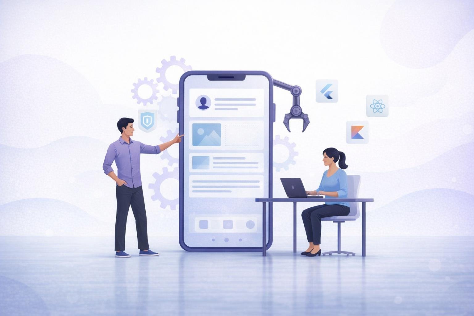 Illustration of multiple teams comparing mobile app prototypes, timelines, and feature boards