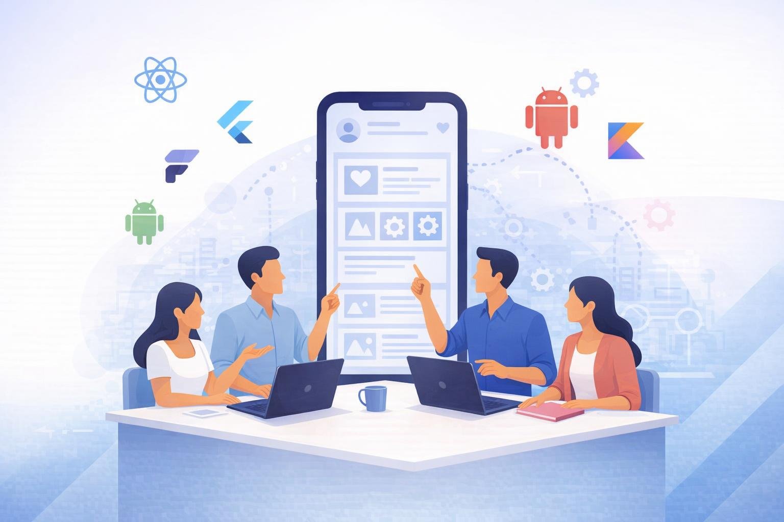 Illustration of software teams collaborating on mobile application screens and backend dashboards