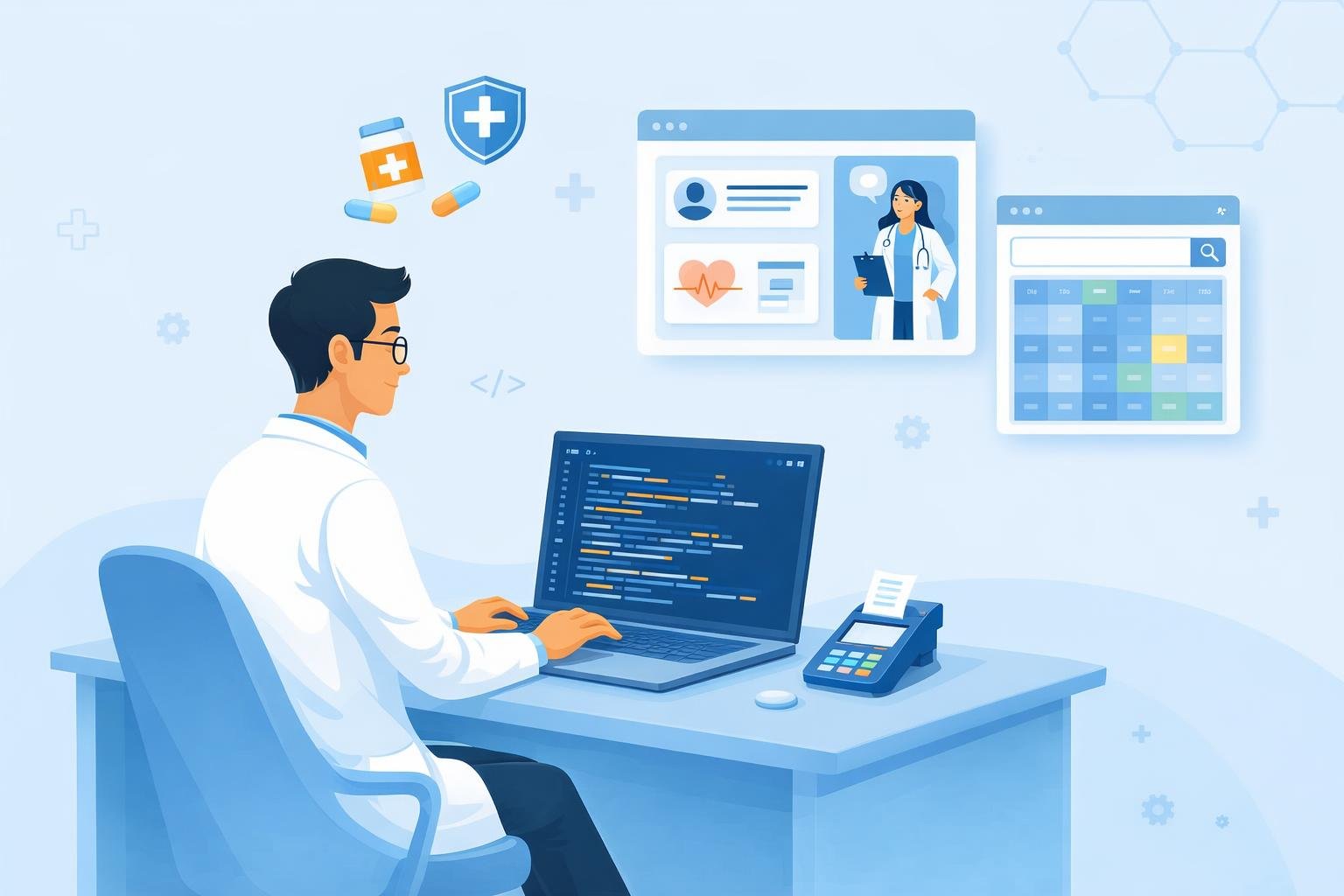 Illustration of a healthcare web portal with patient records, appointment tools, and clinician dashboards