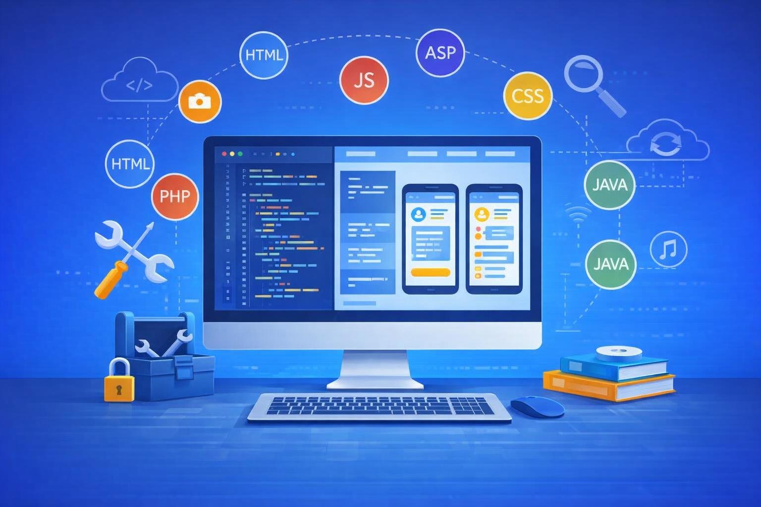 Illustration of web and mobile app interfaces shown beside code panels and product planning boards