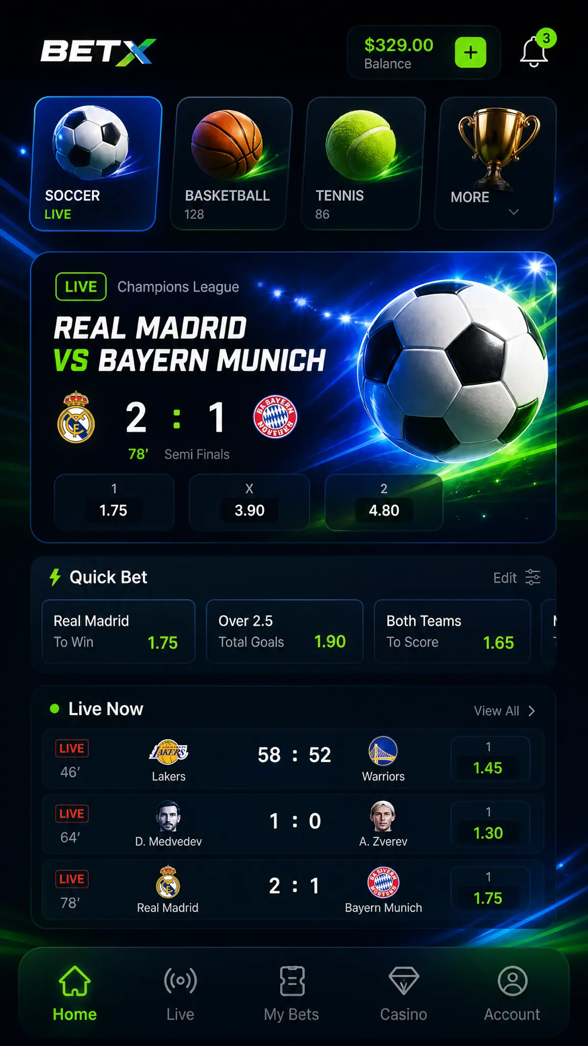 BetX Mobile Home - Sports categories, live matches, quick bet options